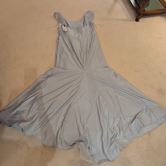 Off-the-Shoulder Corset Stretch Satin Mermaid Dress with Slight Train in Mist - Picture 3 of 16